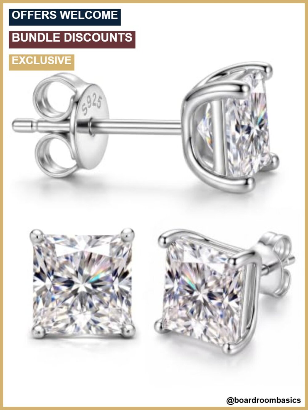 Princess Cut Moissanite Stud Earrings 925 Sterling Silver 18K White Gold Plated